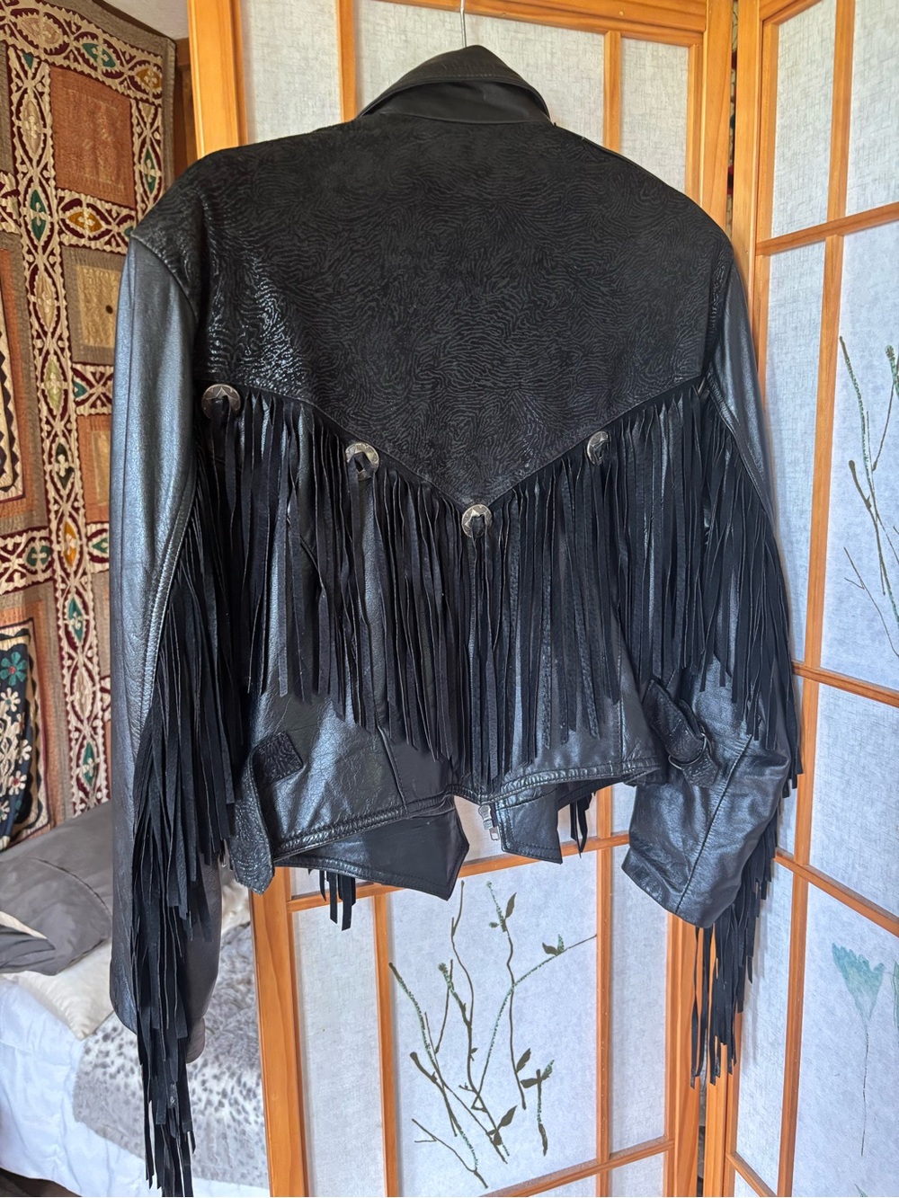 Black Fringe Leather Jacket with Silver Conchos